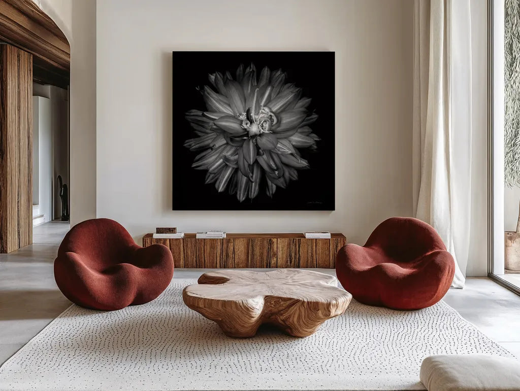 Dahlia III BW by Debra Van Swearingen. Shown as extra-large giant wall art in a modern living room. Available as an archival giclee rolled canvas, fine art paper, or poster print. SKU 89724a.