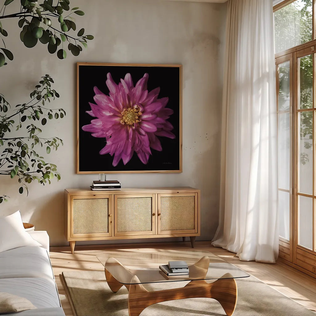 Dahlia V by Debra Van Swearingen. Shown in a natural wood frame in a cozy modern living room. Available as an archival giclee rolled canvas, fine art paper, or poster print. SKU 89720a.