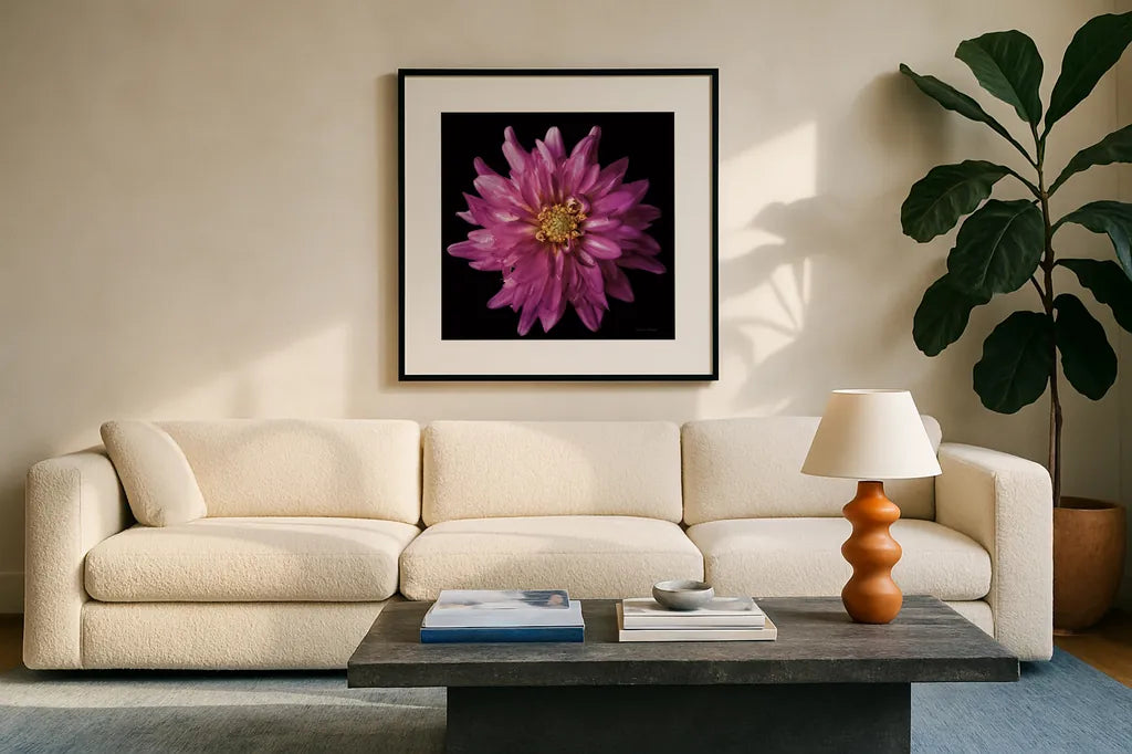 Dahlia V by Debra Van Swearingen. Displayed in a glass frame with matte in a clean modern living room. Available as an archival giclee rolled canvas, fine art paper, or poster print. SKU 89720a.