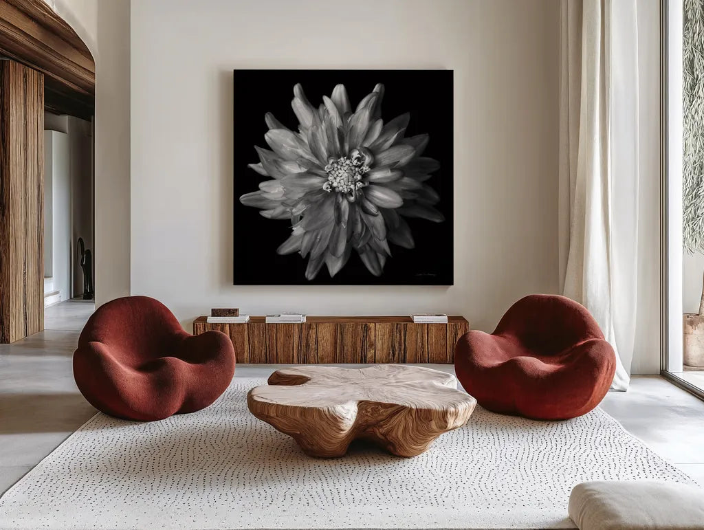 Dahlia V BW by Debra Van Swearingen. Shown as extra-large giant wall art in a modern living room. Available as an archival giclee rolled canvas, fine art paper, or poster print. SKU 89726a.