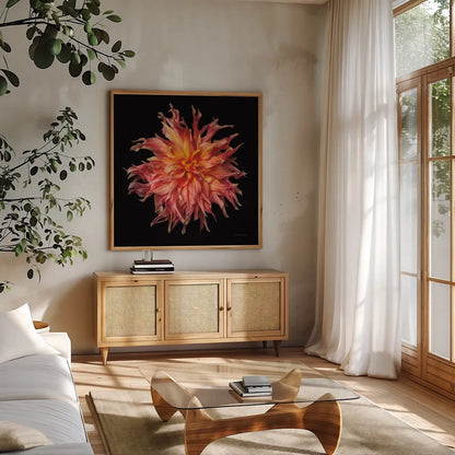 Dahlia VI by Debra Van Swearingen. Shown in a natural wood frame in a cozy modern living room. Available as an archival giclee rolled canvas, fine art paper, or poster print. SKU 89721a.