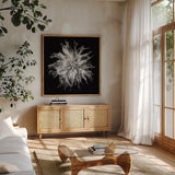 Dahlia VI BW by Debra Van Swearingen. Shown in a natural wood frame in a cozy modern living room. Available as an archival giclee rolled canvas, fine art paper, or poster print. SKU 89727a.