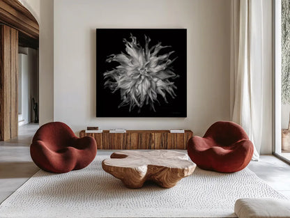 Dahlia VI BW by Debra Van Swearingen. Shown as extra-large giant wall art in a modern living room. Available as an archival giclee rolled canvas, fine art paper, or poster print. SKU 89727a.