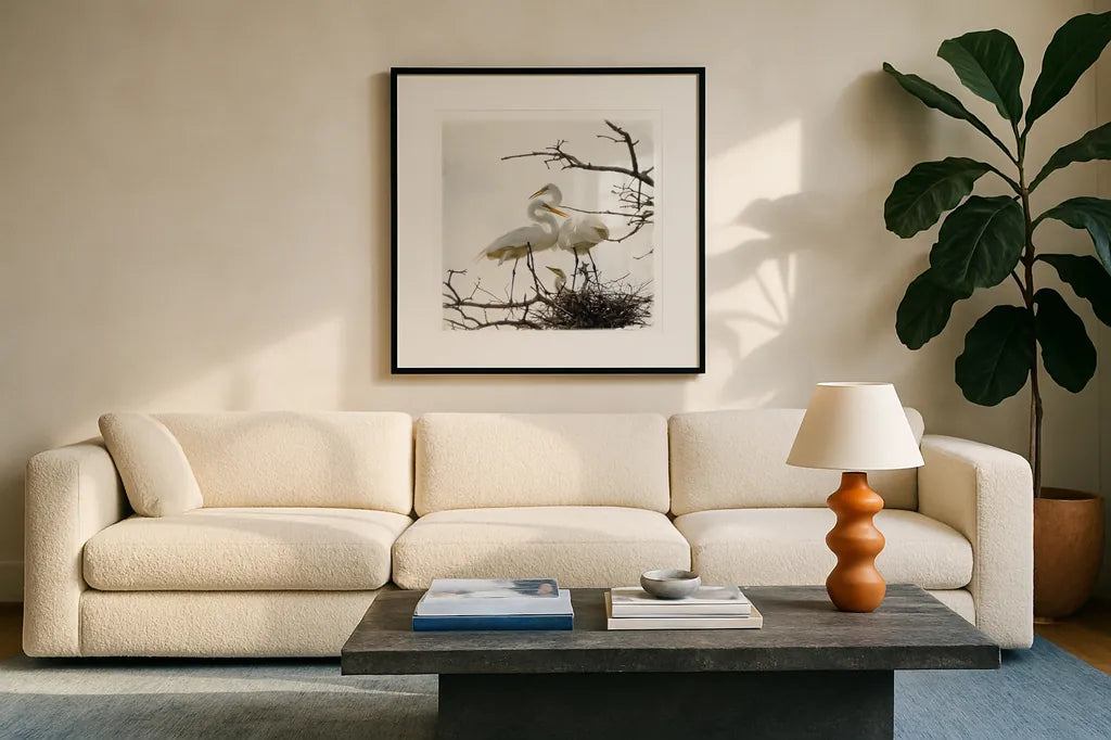Devotion by Debra Van Swearingen. Displayed in a glass frame with matte in a clean modern living room. Available as an archival giclee rolled canvas, fine art paper, or poster print. SKU 63782a.