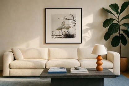 Devotion by Debra Van Swearingen. Displayed in a glass frame with matte in a clean modern living room. Available as an archival giclee rolled canvas, fine art paper, or poster print. SKU 63782a.