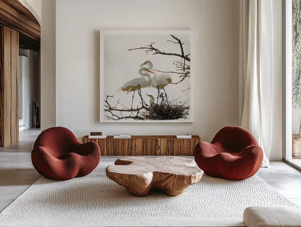 Devotion by Debra Van Swearingen. Shown as extra-large giant wall art in a modern living room. Available as an archival giclee rolled canvas, fine art paper, or poster print. SKU 63782a.