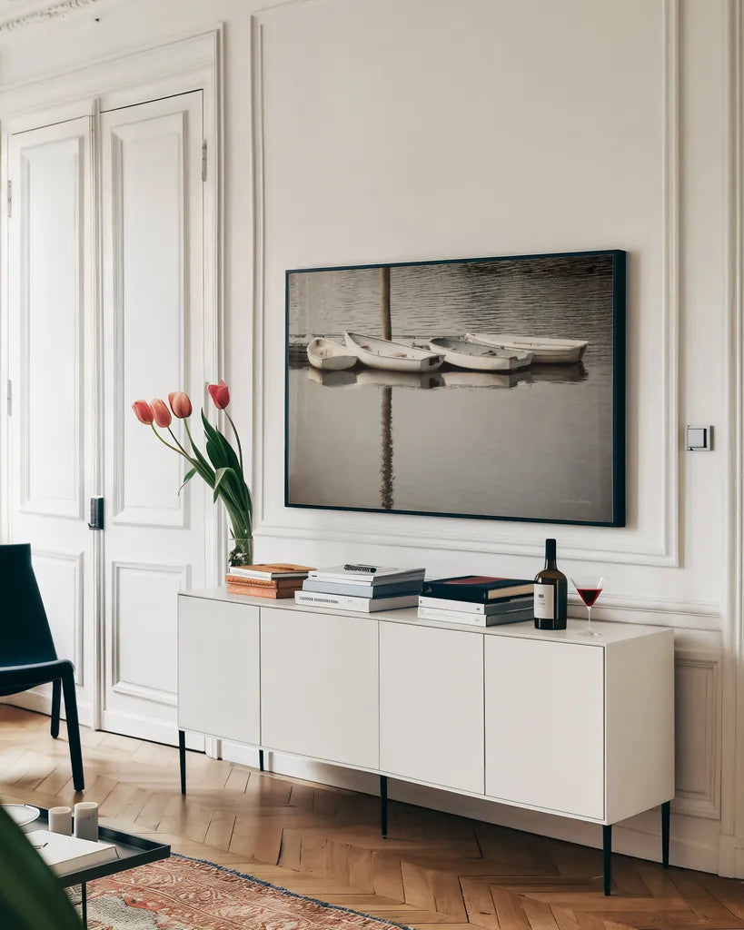 Dories by Debra Van Swearingen. shown as a framed stretched canvas in a living room above a console. Available as a archival giclee rolled canvas, fine art paper, or poster print. SKU 90961i.