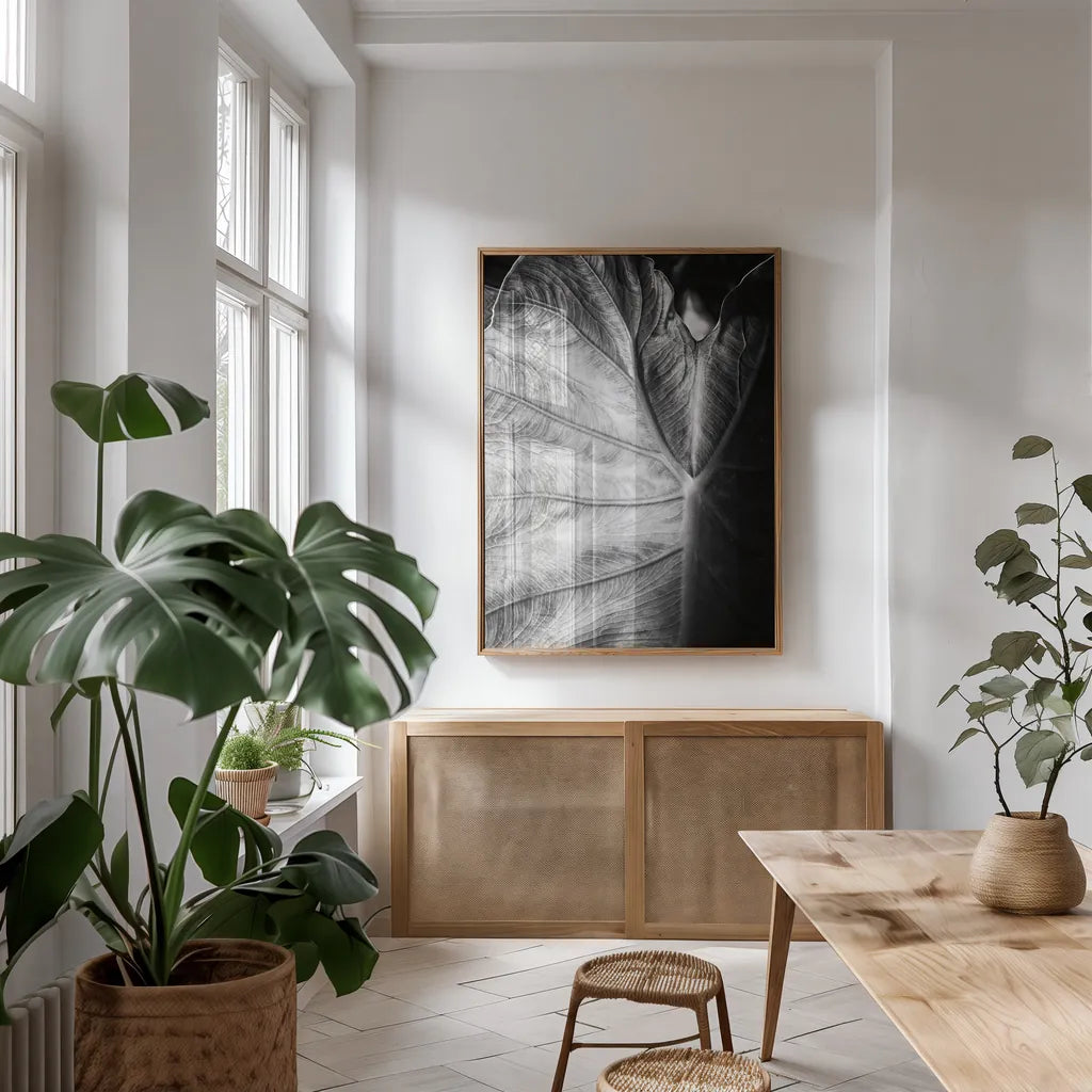 Elephant Ear I by Debra Van Swearingen. shown as a print in a natural wood frame in a dining room. Available as a archival giclee rolled canvas, fine art paper, or poster print. SKU 55160h.