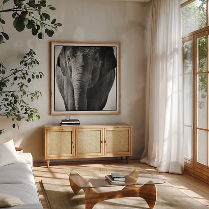 Elephant I by Debra Van Swearingen. Shown in a natural wood frame in a cozy modern living room. Available as an archival giclee rolled canvas, fine art paper, or poster print. SKU 19399a.