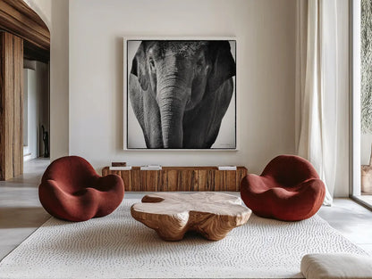 Elephant I by Debra Van Swearingen. Shown as extra-large giant wall art in a modern living room. Available as an archival giclee rolled canvas, fine art paper, or poster print. SKU 19399a.