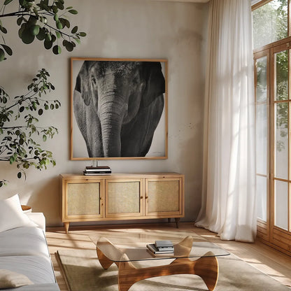 Elephant I No Border by Debra Van Swearingen. Shown in a natural wood frame in a cozy modern living room. Available as an archival giclee rolled canvas, fine art paper, or poster print. SKU 41814a.
