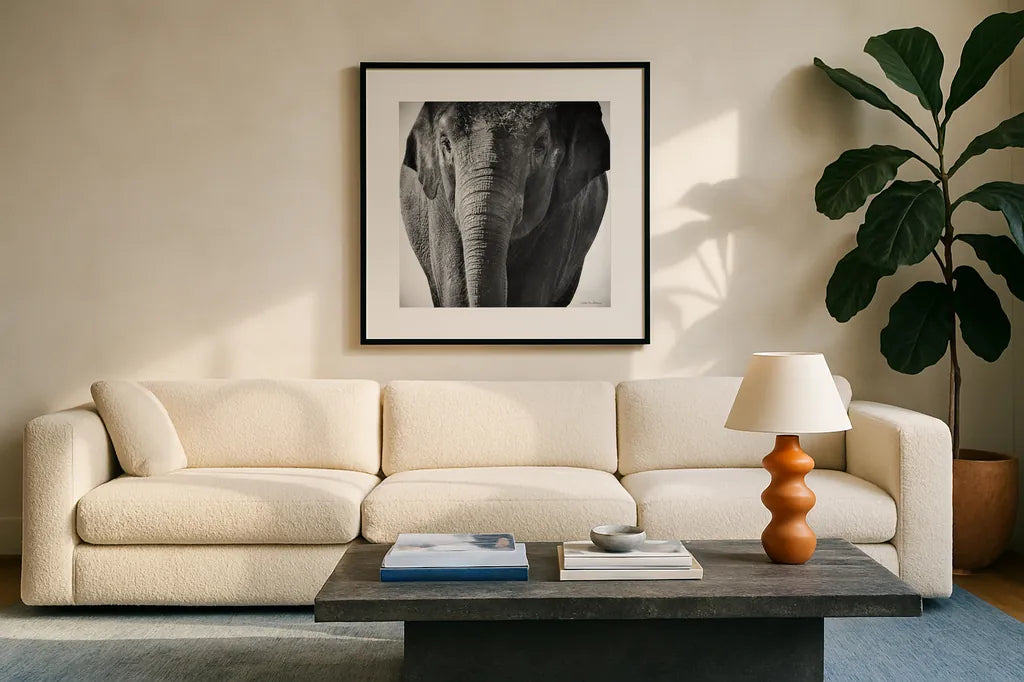Elephant I No Border by Debra Van Swearingen. Displayed in a glass frame with matte in a clean modern living room. Available as an archival giclee rolled canvas, fine art paper, or poster print. SKU 41814a.