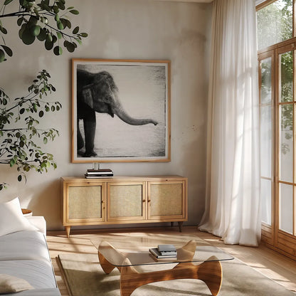 Elephant II by Debra Van Swearingen. Shown in a natural wood frame in a cozy modern living room. Available as an archival giclee rolled canvas, fine art paper, or poster print. SKU 19400a.