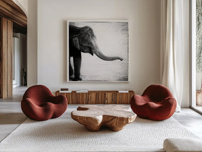 Elephant II by Debra Van Swearingen. Shown as extra-large giant wall art in a modern living room. Available as an archival giclee rolled canvas, fine art paper, or poster print. SKU 19400a.