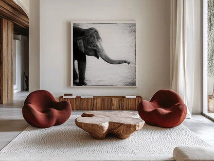 Elephant II by Debra Van Swearingen. Shown as extra-large giant wall art in a modern living room. Available as an archival giclee rolled canvas, fine art paper, or poster print. SKU 20878a.