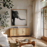 Elephant II No Border by Debra Van Swearingen. Shown in a natural wood frame in a cozy modern living room. Available as an archival giclee rolled canvas, fine art paper, or poster print. SKU 41815a.