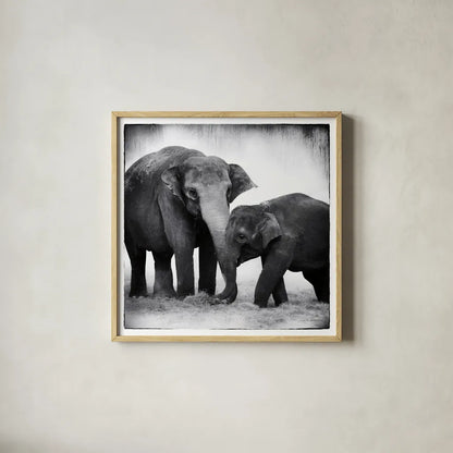 Elephant III by Debra Van Swearingen. Shown in a natural wood glass frame for a timeless modern aesthetic. Available as an archival giclee rolled canvas, fine art paper, or poster print. SKU 20879a.