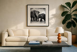 Elephant III by Debra Van Swearingen. Displayed in a glass frame with matte in a clean modern living room. Available as an archival giclee rolled canvas, fine art paper, or poster print. SKU 20879a.