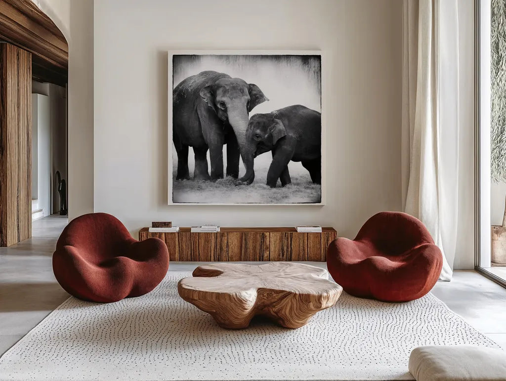 Elephant III by Debra Van Swearingen. Shown as extra-large giant wall art in a modern living room. Available as an archival giclee rolled canvas, fine art paper, or poster print. SKU 20879a.