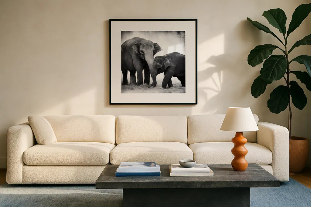 Elephant III No Border by Debra Van Swearingen. Displayed in a glass frame with matte in a clean modern living room. Available as an archival giclee rolled canvas, fine art paper, or poster print. SKU 41816a.