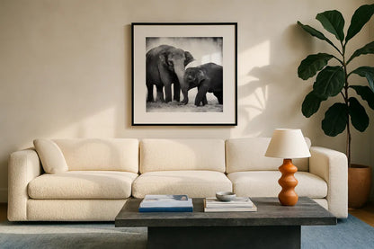Elephant III No Border by Debra Van Swearingen. Displayed in a glass frame with matte in a clean modern living room. Available as an archival giclee rolled canvas, fine art paper, or poster print. SKU 41816a.
