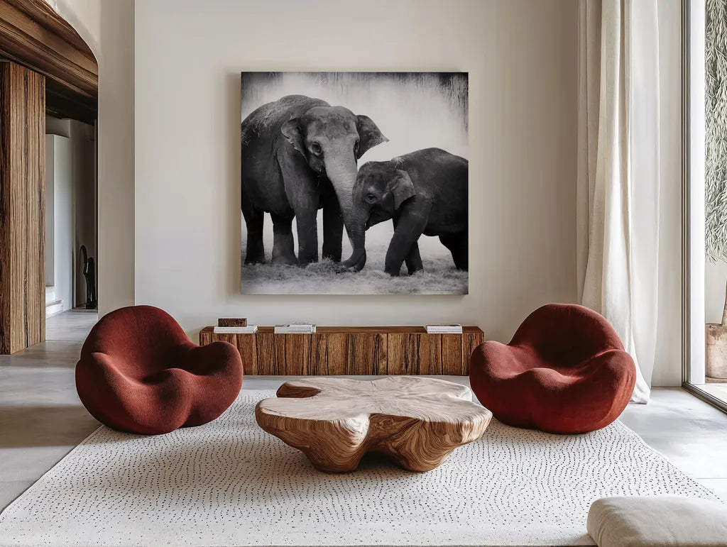 Elephant III No Border by Debra Van Swearingen. Shown as extra-large giant wall art in a modern living room. Available as an archival giclee rolled canvas, fine art paper, or poster print. SKU 41816a.