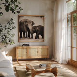 Elephant III Sepia by Debra Van Swearingen. Shown in a natural wood frame in a cozy modern living room. Available as an archival giclee rolled canvas, fine art paper, or poster print. SKU 46877a.