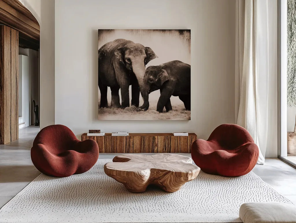 Elephant III Sepia by Debra Van Swearingen. Shown as extra-large giant wall art in a modern living room. Available as an archival giclee rolled canvas, fine art paper, or poster print. SKU 46877a.