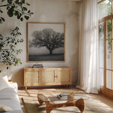 Evening Mist Crop by Debra Van Swearingen. Shown in a natural wood frame in a cozy modern living room. Available as an archival giclee rolled canvas, fine art paper, or poster print. SKU 5825a.