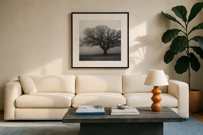 Evening Mist Crop by Debra Van Swearingen. Displayed in a glass frame with matte in a clean modern living room. Available as an archival giclee rolled canvas, fine art paper, or poster print. SKU 5825a.