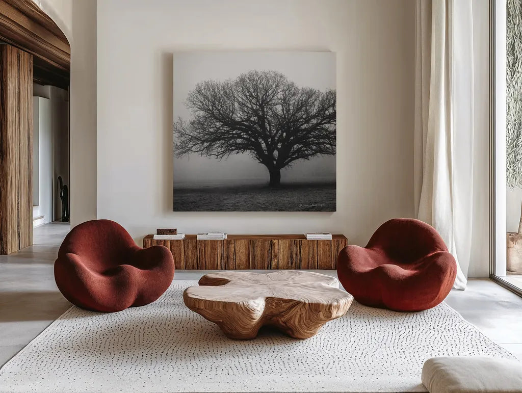 Evening Mist Crop by Debra Van Swearingen. Shown as extra-large giant wall art in a modern living room. Available as an archival giclee rolled canvas, fine art paper, or poster print. SKU 5825a.