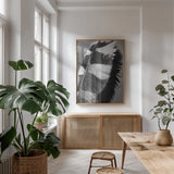 Feather Shadow I by Debra Van Swearingen. shown as a print in a natural wood frame in a dining room. Available as a archival giclee rolled canvas, fine art paper, or poster print. SKU 55154h.