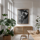 Feather Shadow II by Debra Van Swearingen. shown as a print in a natural wood frame in a dining room. Available as a archival giclee rolled canvas, fine art paper, or poster print. SKU 55155h.
