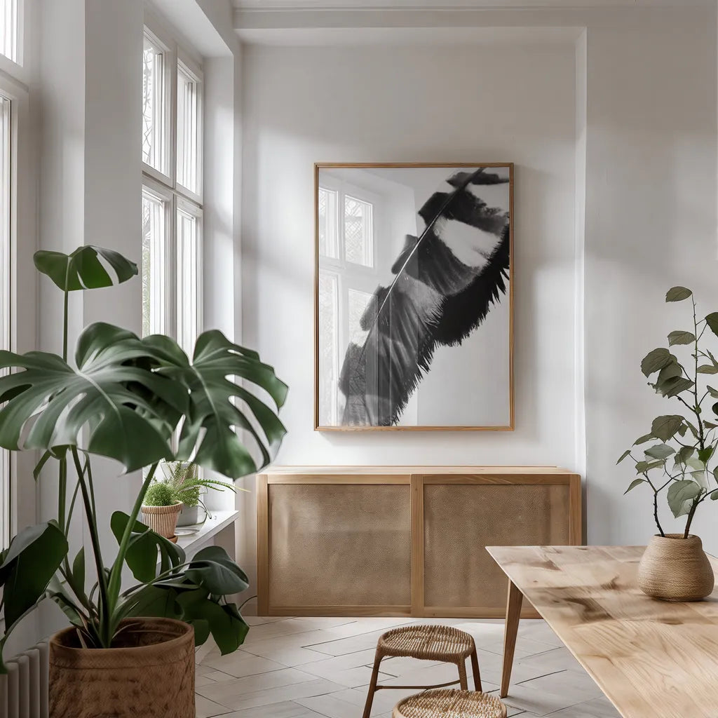 Feather Shadow II White by Debra Van Swearingen. shown as a print in a natural wood frame in a dining room. Available as a archival giclee rolled canvas, fine art paper, or poster print. SKU 57578h.