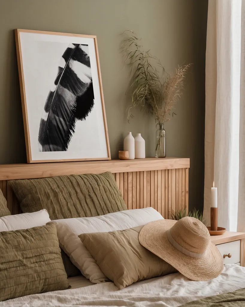 Feather Shadow II White by Debra Van Swearingen. shown as a paper print in a natural frame. Available as a archival giclee rolled canvas, fine art paper, or poster print. SKU 57578h.