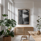 Feather Shadow III by Debra Van Swearingen. shown as a print in a natural wood frame in a dining room. Available as a archival giclee rolled canvas, fine art paper, or poster print. SKU 55156h.