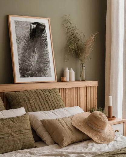 Feather Shadow IV by Debra Van Swearingen. shown as a paper print in a natural frame. Available as a archival giclee rolled canvas, fine art paper, or poster print. SKU 55157h.