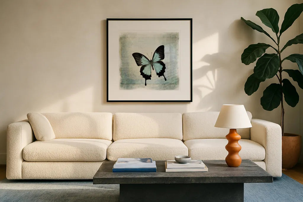 Floating Butterfly III by Debra Van Swearingen. Displayed in a glass frame with matte in a clean modern living room. Available as an archival giclee rolled canvas, fine art paper, or poster print. SKU 25792a.