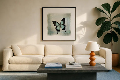 Floating Butterfly III by Debra Van Swearingen. Displayed in a glass frame with matte in a clean modern living room. Available as an archival giclee rolled canvas, fine art paper, or poster print. SKU 25792a.