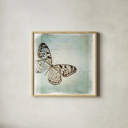 Floating Butterfly IV by Debra Van Swearingen. Shown in a natural wood glass frame for a timeless modern aesthetic. Available as an archival giclee rolled canvas, fine art paper, or poster print. SKU 25793a.