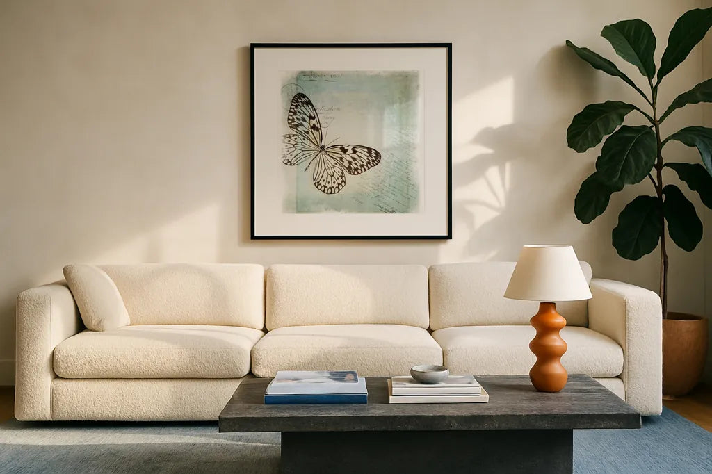 Floating Butterfly IV by Debra Van Swearingen. Displayed in a glass frame with matte in a clean modern living room. Available as an archival giclee rolled canvas, fine art paper, or poster print. SKU 25793a.