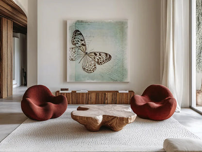 Floating Butterfly IV by Debra Van Swearingen. Shown as extra-large giant wall art in a modern living room. Available as an archival giclee rolled canvas, fine art paper, or poster print. SKU 25793a.