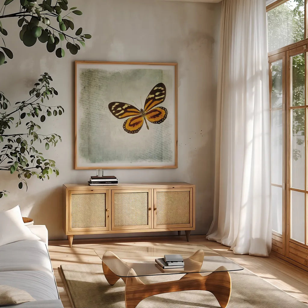 Floating Butterfly VI by Debra Van Swearingen. Shown in a natural wood frame in a cozy modern living room. Available as an archival giclee rolled canvas, fine art paper, or poster print. SKU 25795a.