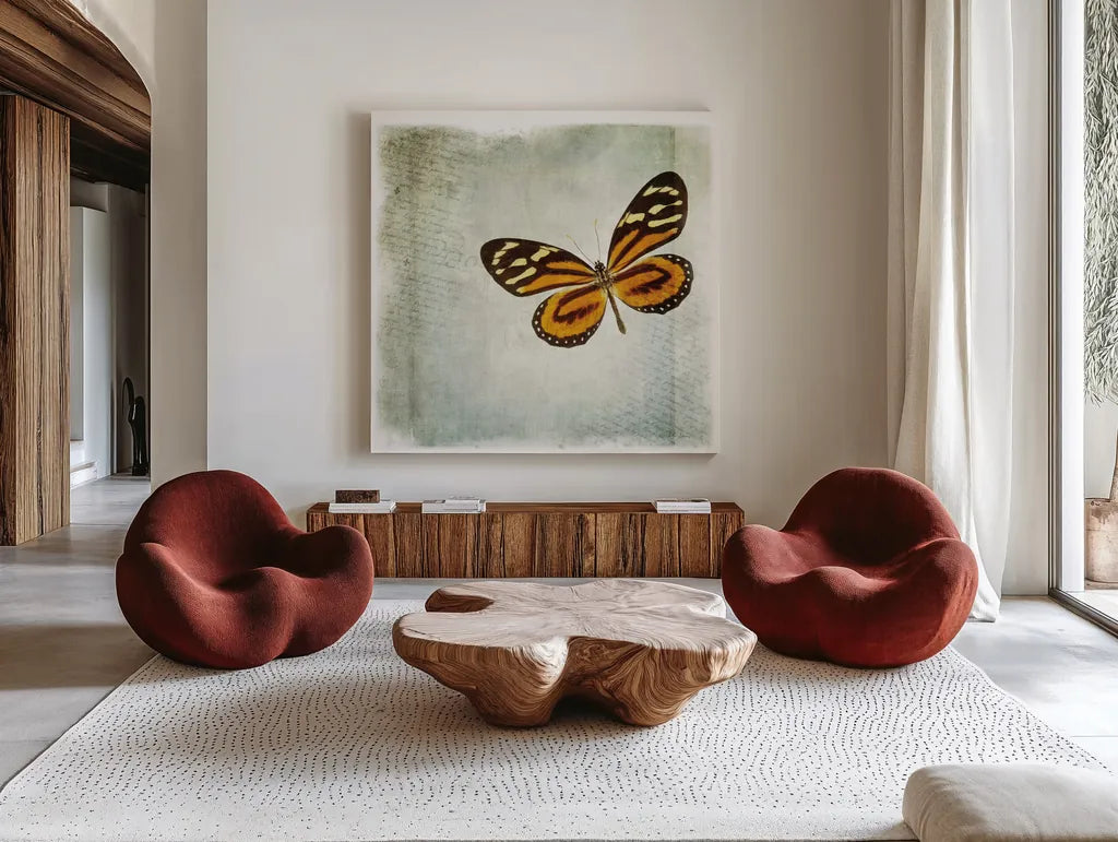 Floating Butterfly VI by Debra Van Swearingen. Shown as extra-large giant wall art in a modern living room. Available as an archival giclee rolled canvas, fine art paper, or poster print. SKU 25795a.