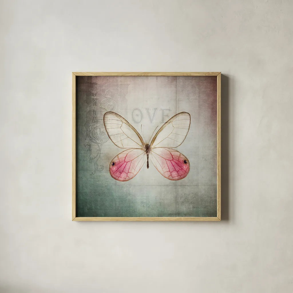 French Butterfly I by Debra Van Swearingen. Shown in a natural wood glass frame for a timeless modern aesthetic. Available as an archival giclee rolled canvas, fine art paper, or poster print. SKU 25769a.