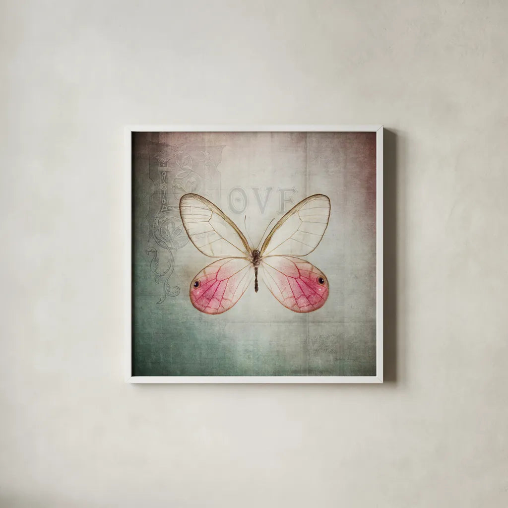 French Butterfly I by Debra Van Swearingen. Shown in a crisp white glass frame for a clean and minimalist style. Available as an archival giclee rolled canvas, fine art paper, or poster print. SKU 25769a.