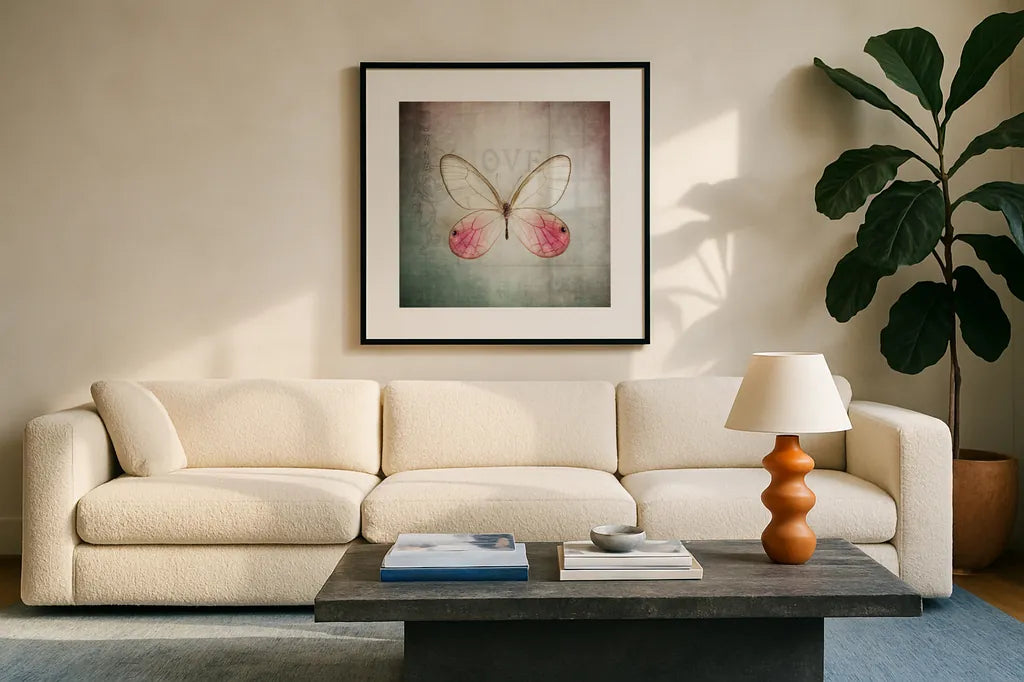 French Butterfly I by Debra Van Swearingen. Displayed in a glass frame with matte in a clean modern living room. Available as an archival giclee rolled canvas, fine art paper, or poster print. SKU 25769a.