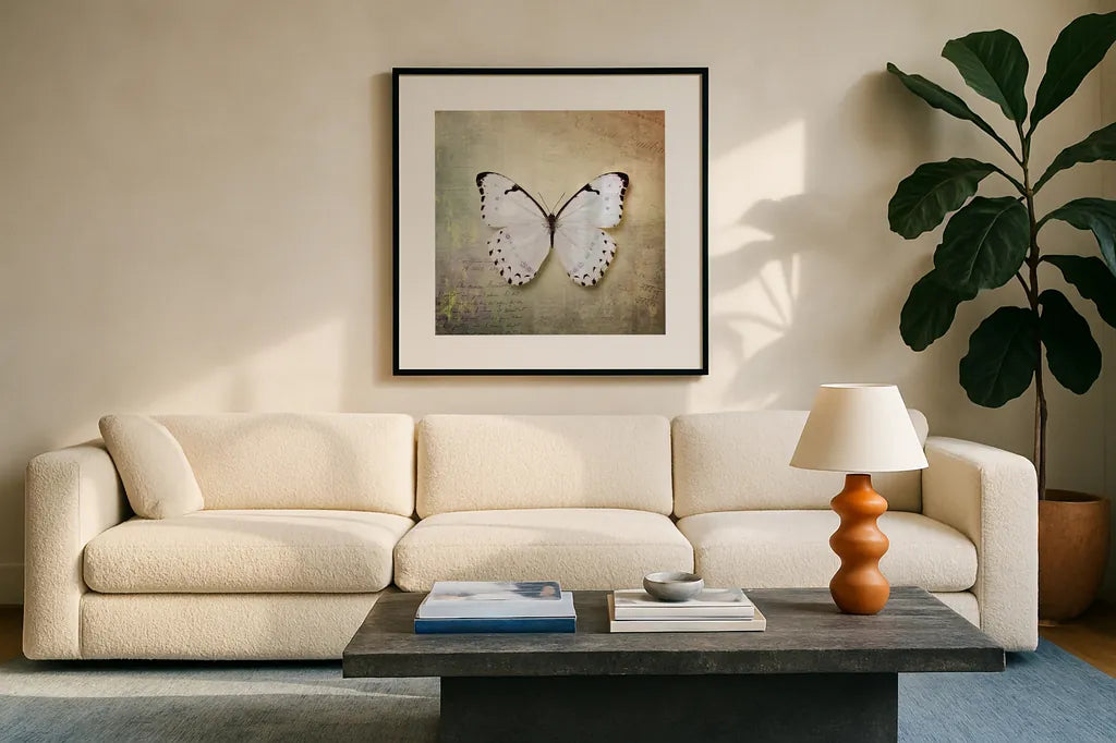 French Butterfly II by Debra Van Swearingen. Displayed in a glass frame with matte in a clean modern living room. Available as an archival giclee rolled canvas, fine art paper, or poster print. SKU 25770a.