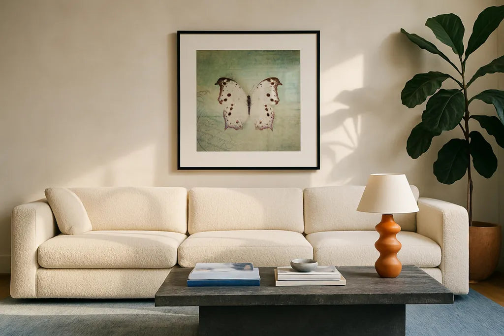 French Butterfly IV by Debra Van Swearingen. Displayed in a glass frame with matte in a clean modern living room. Available as an archival giclee rolled canvas, fine art paper, or poster print. SKU 25772a.