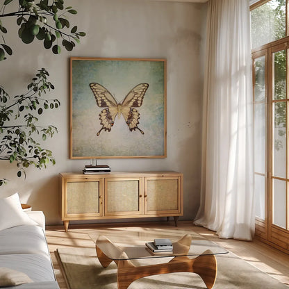 French Butterfly VI by Debra Van Swearingen. Shown in a natural wood frame in a cozy modern living room. Available as an archival giclee rolled canvas, fine art paper, or poster print. SKU 25774a.